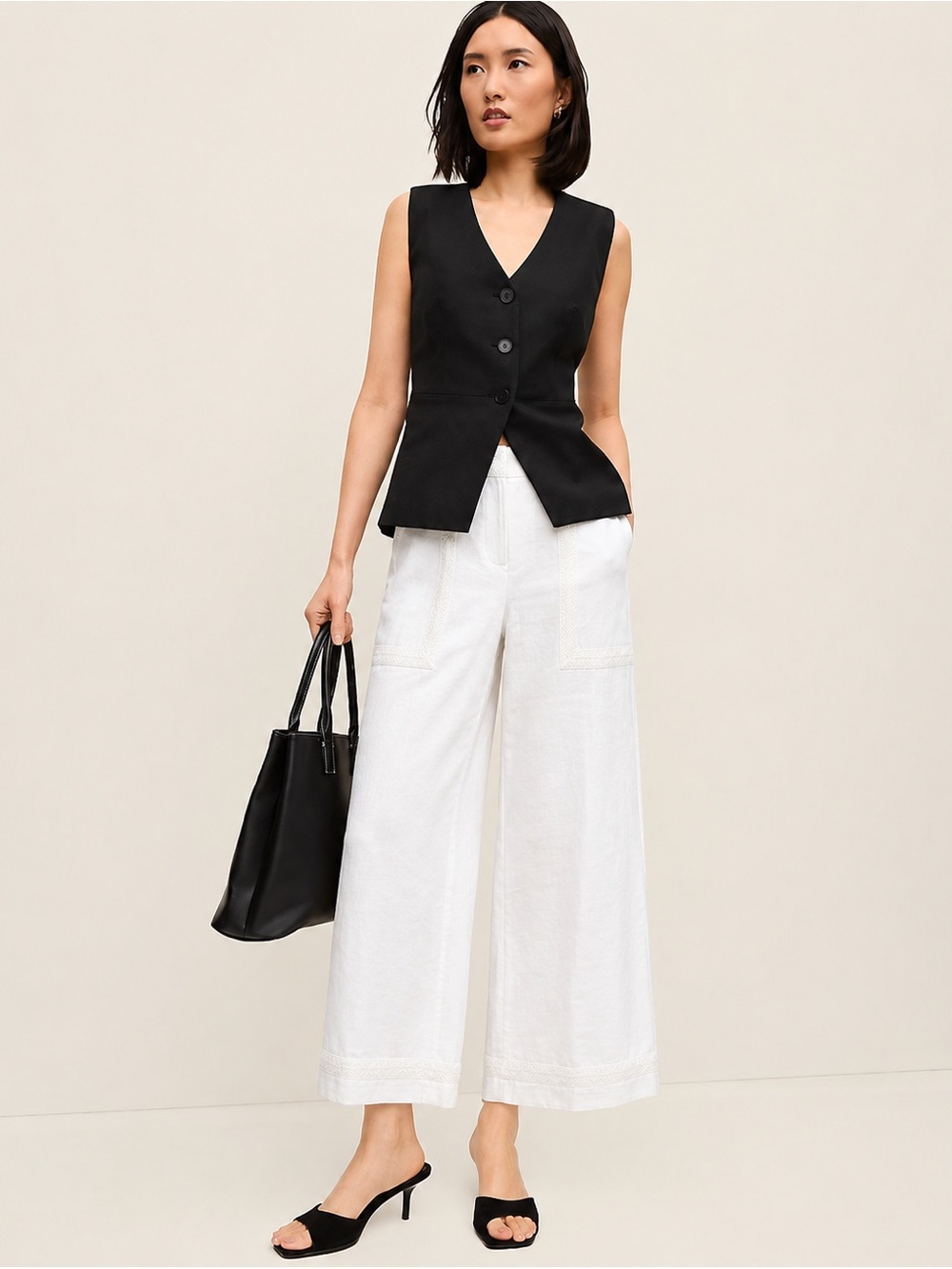 NEW Ann Taylor White Linen Crochet Wide Leg Trouser Pants High Rise Crop Size 16